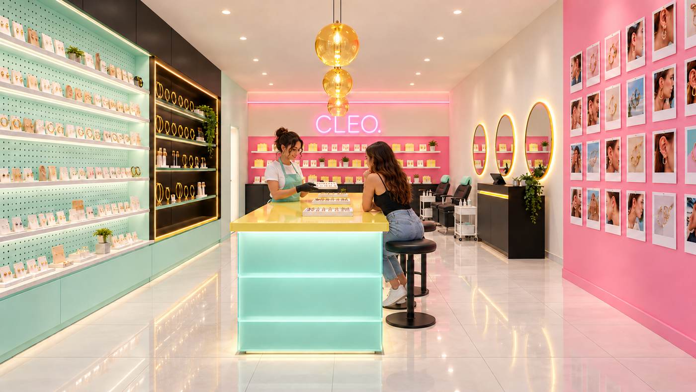 The CLEO bar — piercing counter in mint, pink and butter